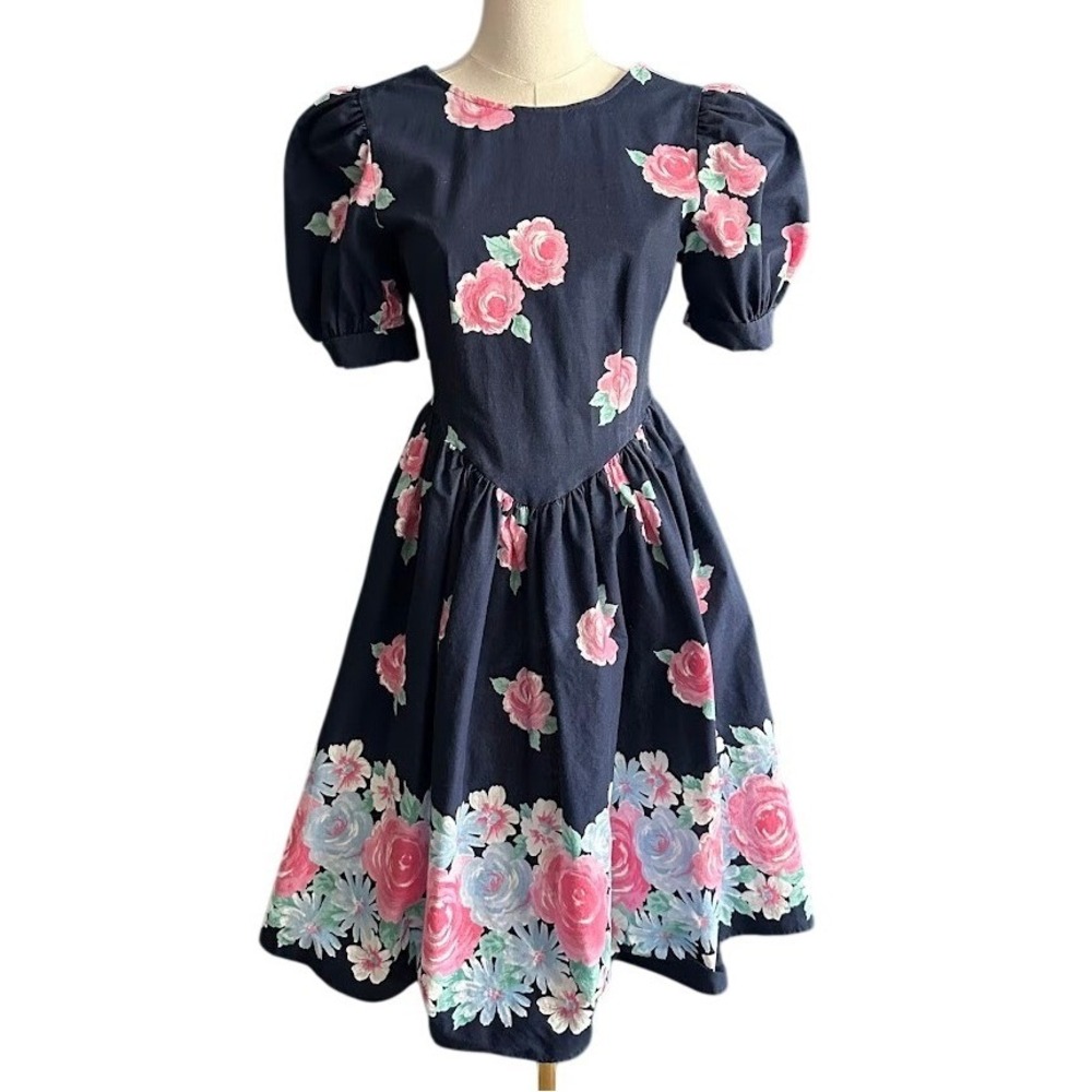 Vintage 90s Eber San Francisco Floral Cottagecore Midi Dress Puff Sleeve Size XS